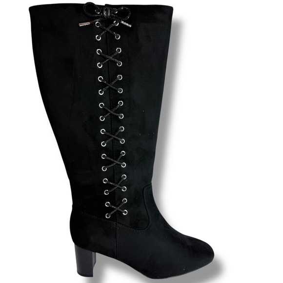 NIB Comfort Wide Calf Black Knee High Boots Size 11W Lace Up Block Heel SEXY - Picture 1 of 16